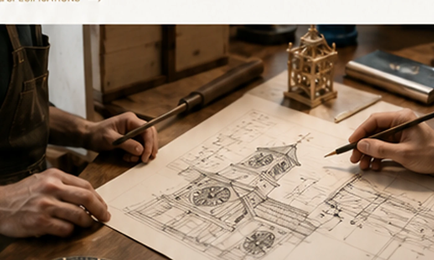 Hands reviewing detailed architectural drawings for a bespoke timber clock tower