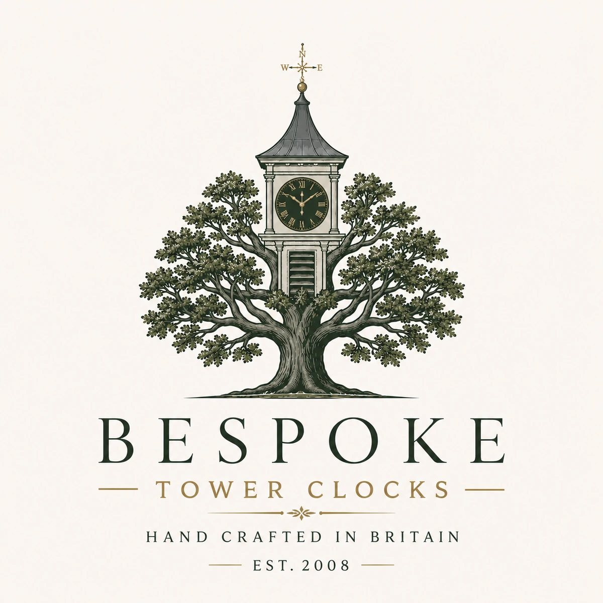 Bespoke Tower Clocks logo with oak tree, timber clock tower, established 2008 and handcrafted in Britain wording