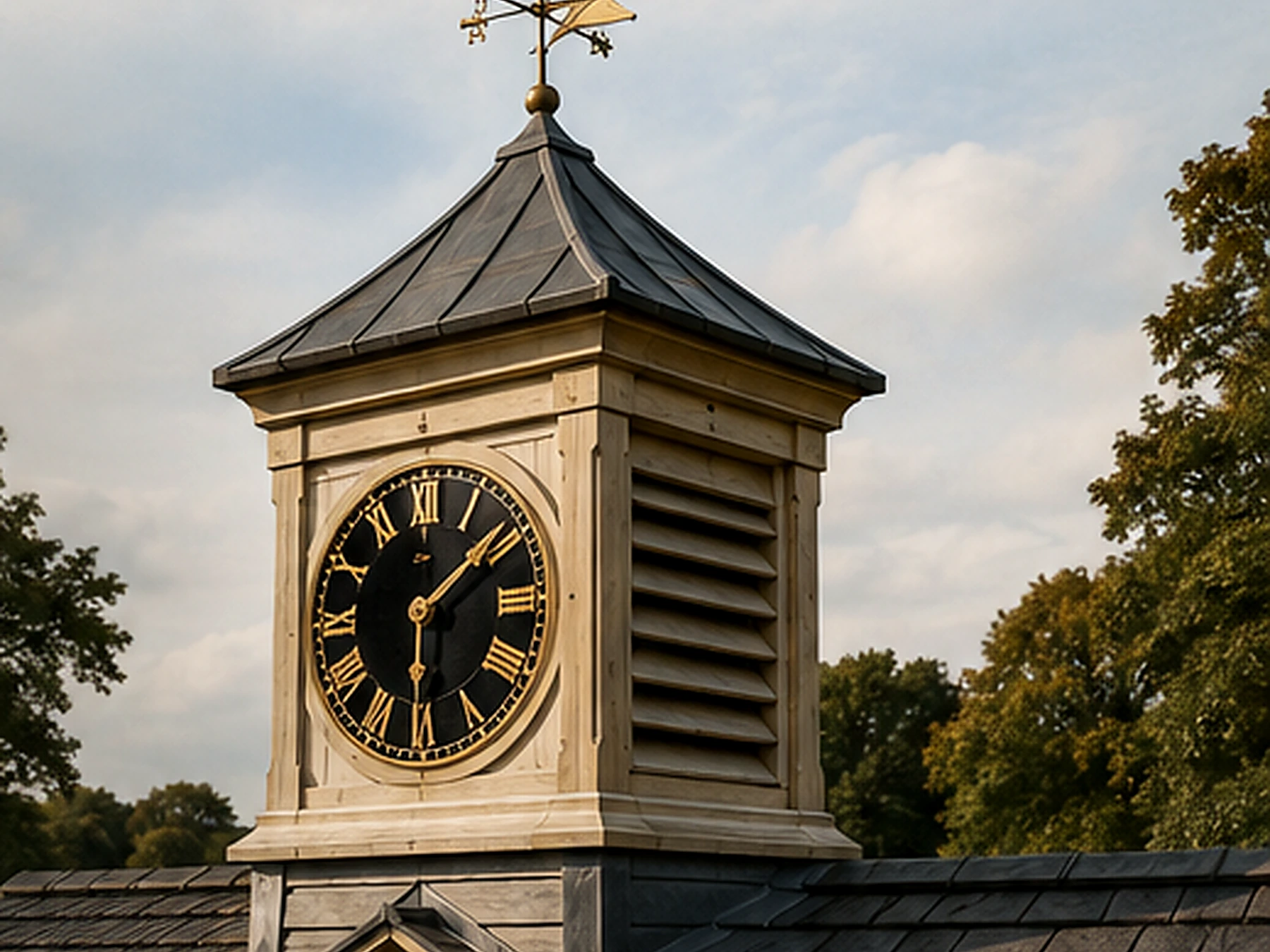 Classic pitched timber clock tower with clock face and weathervane