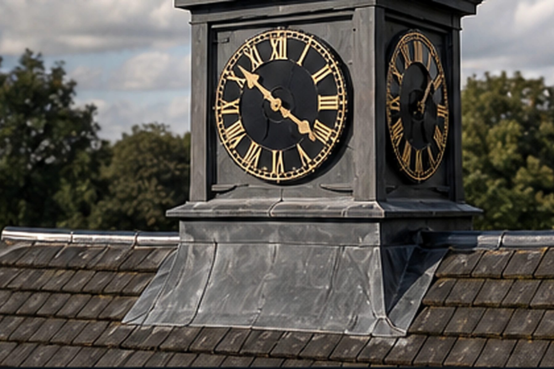 Close-up of genuine lead roof detailing and weathered leadwork on a timber clock tower