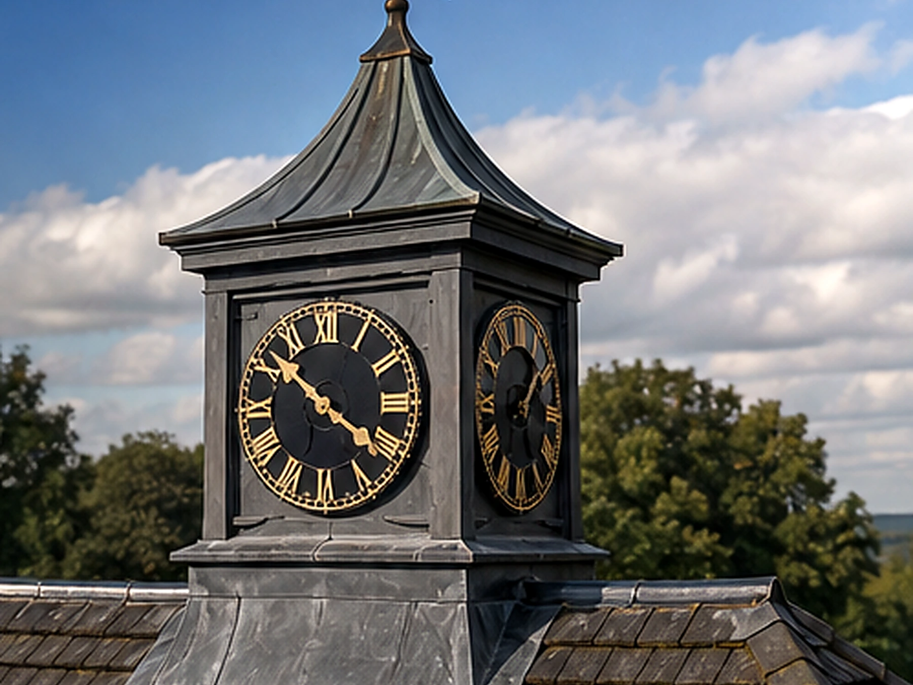 Heritage curved timber clock tower with multiple clock faces and traditional roof